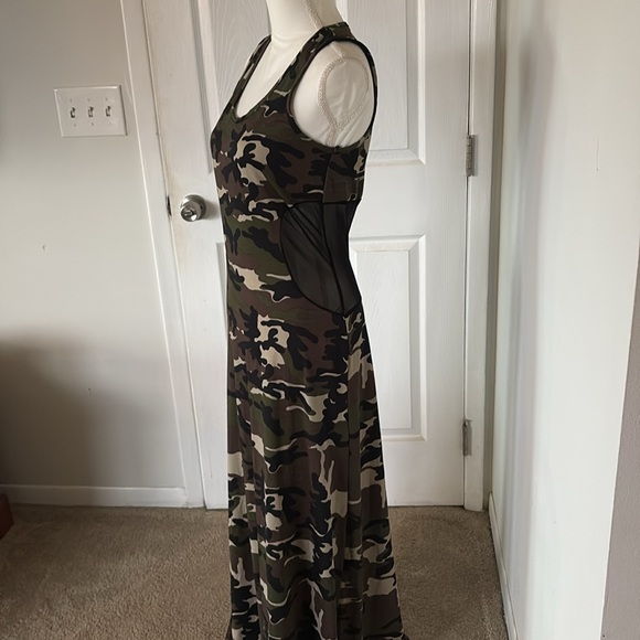 Pat Rego Camo Maxi Dress Size Large Made in USA Stretch Sleeveless - Picture 2 of 13